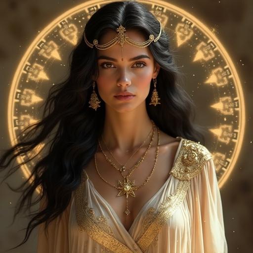 Depiction of Ishtar goddess wearing a divine robe. Embroidered with gold lions and stars. Smooth skin radiating a moonlit glow. Long black hair with gold ornaments. Serene expression with a sacred emblem. Surrounded by a gentle halo and magical circles.