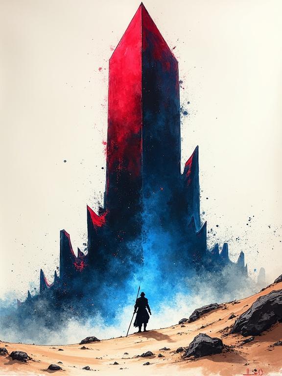Multicolored ink artwork featuring a towering alien monolith with jagged edges glowing in vibrant electric blue and crimson. Silhouette of a lonely warrior with a spear against its surface. Dynamic splatter effects imitate wind-blown sand. Stark black ink outlines with visible handmade imperfections. Combines traditional sumi-e with a sci-fi aesthetic.