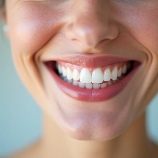 White woman smiling with exposed teeth. Clear close-up photo showing facial features. High resolution image.