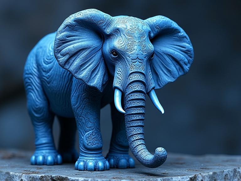 A blue wooden elephant sculpture designed by artist Inna Medvedeva. The sculpture features intricate details and a smooth finish. It represents a majestic male elephant with artistic flair. The design incorporates zentangle patterns and emphasizes the elegance of the animal.