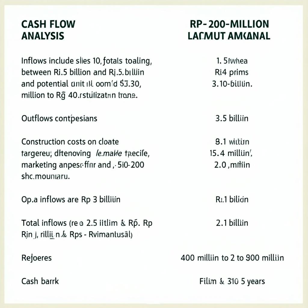 Cash flow analysis document presenting sales income and expenses breakdown. Key figures provided for cash inflows and outflows, including construction costs and operational expenses. Summary of total cash flow and payback period indicated.