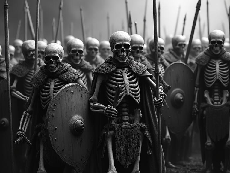 Wide shot of a skeleton army composed of 17 units. Skeleton warriors in varied distressed armor styles with numerous weapons arranged chaotically. The image has a dramatic chiaroscuro effect with emphasis on light and shadow.