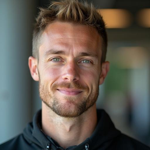 Portrait of an attractive male teacher. He has short brown hair, green eyes, and a three-day stubble. He is smiling and appears sporty.