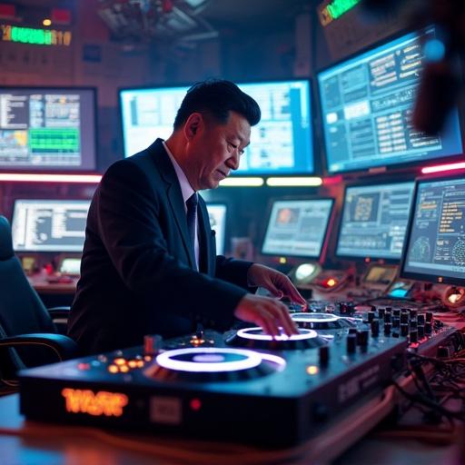 DJ performing inside a high-tech military base command center. Surrounded by multiple LED LCD monitor screens and advanced computers. Neon colored fluorescent lamps and glowing neon wires are present. Sophisticated electronic gadgets enhance the tech atmosphere. The DJ is looking at the camera from a front side angle.