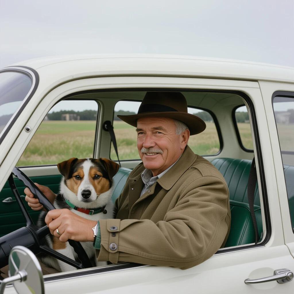 A man wearing a hat is driving a car. A dog is sitting in the passenger seat. The car is a vintage model. The scene reflects a road trip vibe with a countryside background.