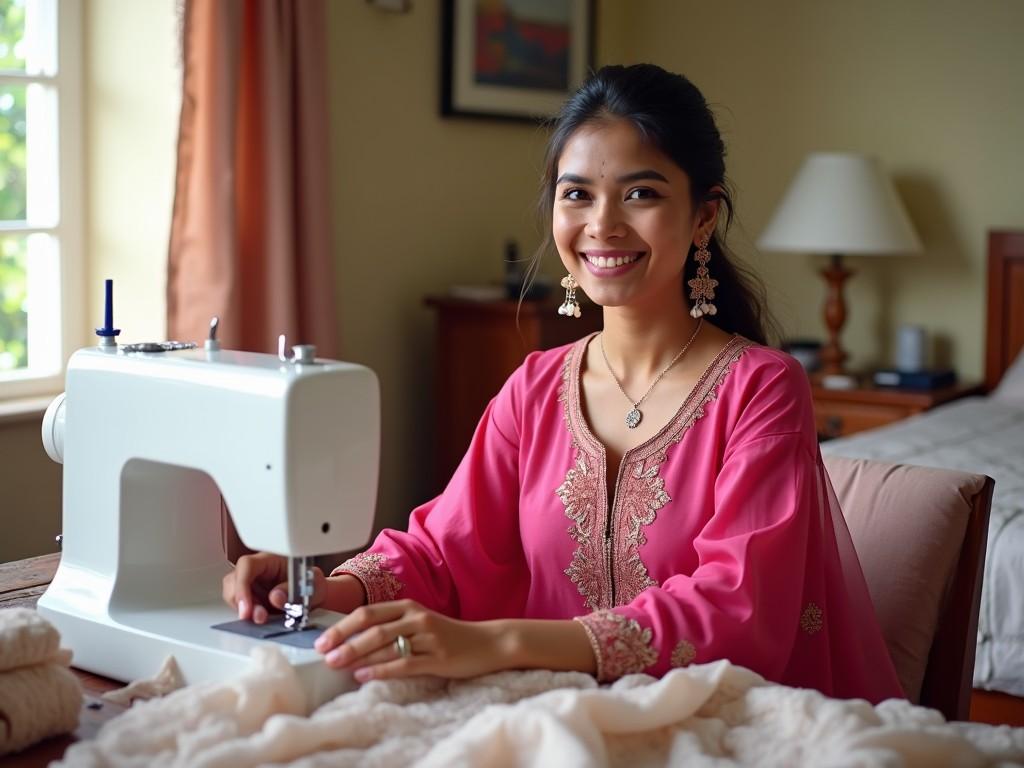 a woman in traditional clothing sitting at a sewing machine in a brightly lit room, smiling