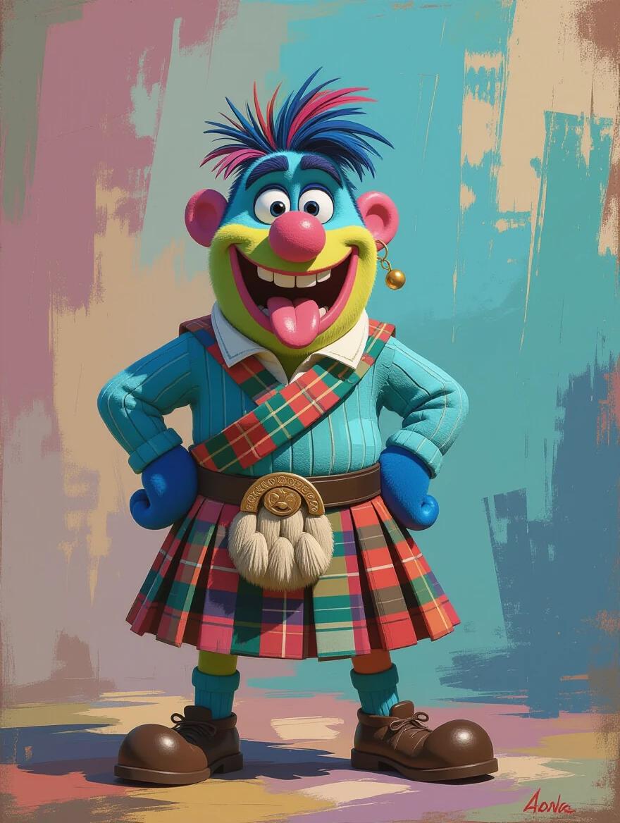A funny Pixar character wearing a pleated Scottish skirt. The character has a goofy expression with tongue hanging out. The image features vibrant colors and a fantasy realism aesthetic. Thick palette knife texture adds depth and grungy feel. Inspired by cartoon animation style.