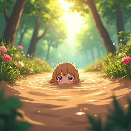 A small anime girl with soft golden brown hair is nearly submerged in chocolate-brown quicksand in a bright magical forest. Only her head is visible. She has gentle lavender eyes and displays an expression of fear and surprise. The quicksand has a smooth, creamy coffee texture with soft ripples. The scene is filled with colorful flowers, glowing green plants, tall stylized trees, and sunbeams filtering through. The atmosphere is enchanting, with soft-focus leaves in the foreground adding depth. The mood is peaceful despite her tense situation, viewed from a distance to convey her smallness in the vast environment.
