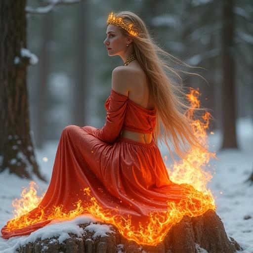Mature female fire spirit seated gracefully on snow-covered rock in mystical forest. Calm noble posture. Slender elegant figure with prominent bust in semi-translucent flame-like robe. Robe made of platinum and crimson silk with ember-like edges. Exposing shoulder with flowing asymmetrical fabric. Long hair in golden amber flames. Wears delicate golden tiara in hearth shape. Gold amber jewelry. Surrounded by vivid warm aura of flame. Gentle radiant expression. Snowy forest background enhances warmth.