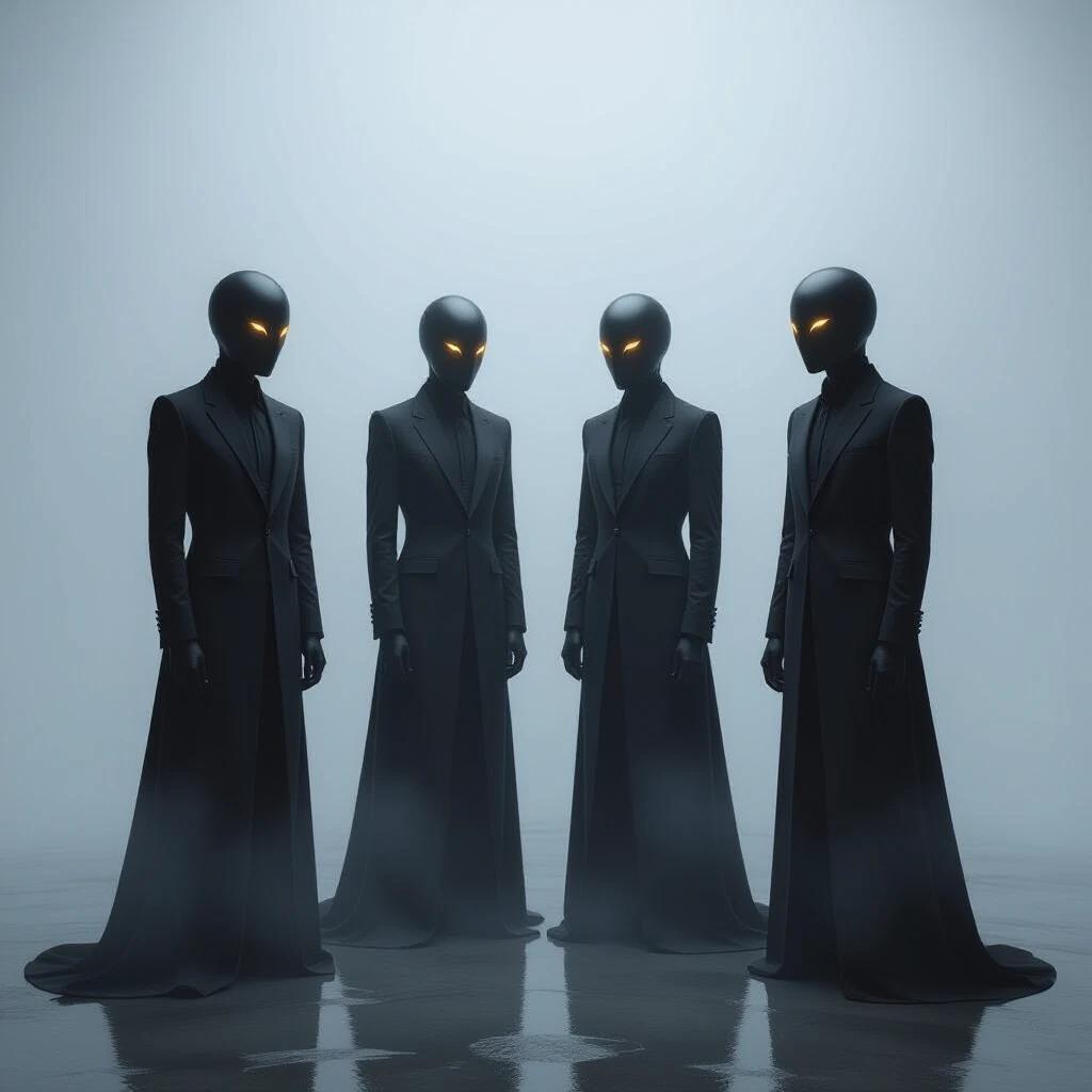 Four spectral figures in shadowy fog. Each wears black gothic-modern suits. Faces are sealed heads with smooth matte surfaces. No light or reflection. Internal shapes beneath shells move gently. First has golden swirling shapes. Second has blue inscriptions. Third shows red impressions. Fourth reveals white signal traces. Figures are silent vessels, controlled and bound.