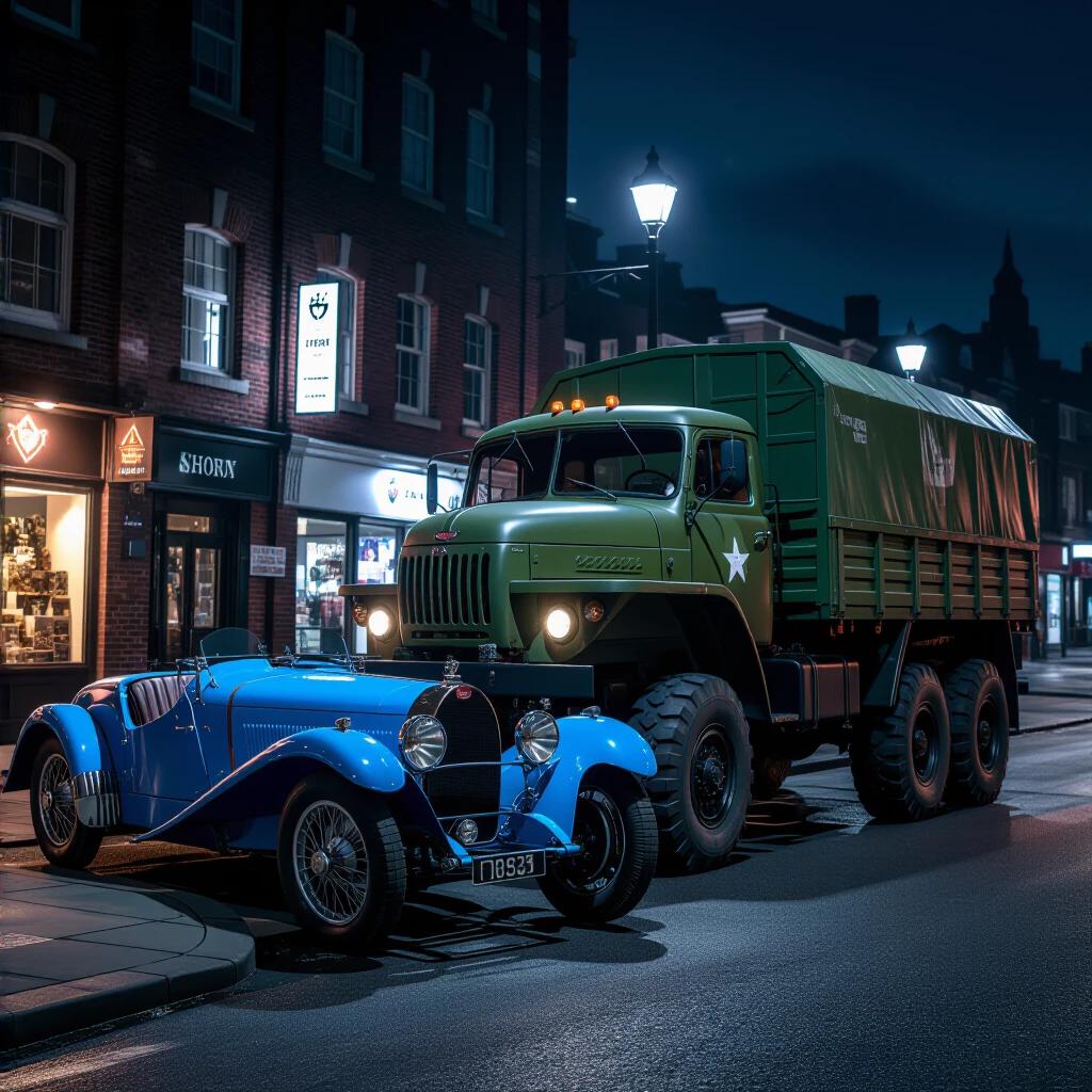 Os joint main vehicle side by side in a night street scene. Vintage Bugatti with blue color parked next to a rusty Soviet military truck. Wet cobblestones reflect city lights and holographic ads. Low angle view highlights the height difference between vehicles. Steam from Bugatti exhaust and oil dripping from truck visible. Street sign indicates location.