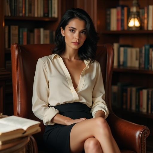 Intelligent woman in cozy library setting. Dark shoulder-length hair styled in waves. Deep brown eyes with a captivating gaze. Wearing a cream silk blouse and dark pencil skirt. Seated in a leather armchair with a subtle smile. Surrounded by books, warm lighting, and an inviting atmosphere.