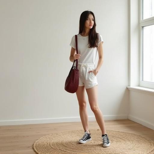 Indoor fashion photo featuring a woman in a minimalist bright room. The woman wears a white T-shirt paired with white sports shorts and black vintage sneakers. She holds a rich burgundy red woven leather bag and stands on a beige woven jute rug. The setting is filled with soft natural light and depicts a lively and refreshing aesthetic.