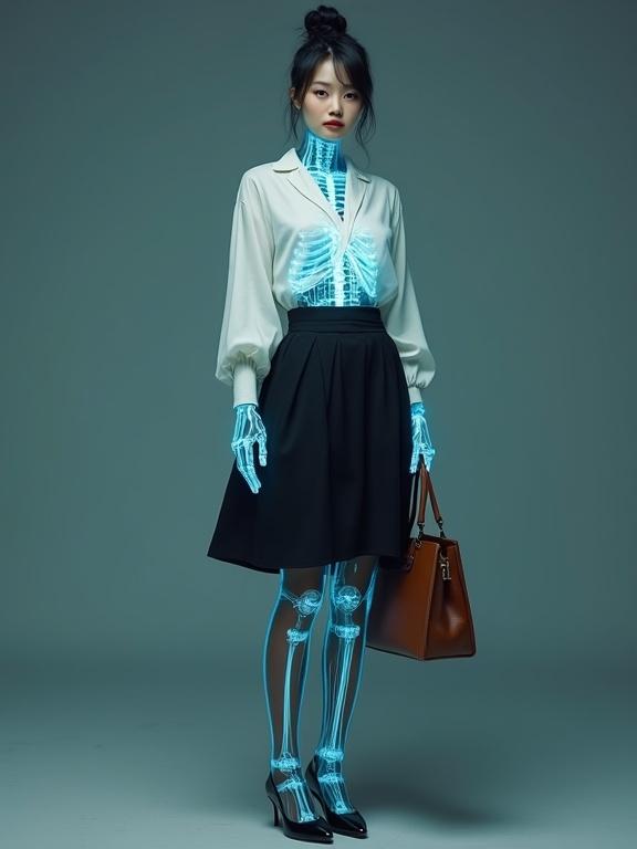 Full-body portrayal of a young East Asian cyborg female spy. A holographic X-ray scan reveals mechanical components within her body. Dressed in a pearl-white V-neck blouse and a black skirt. Wearing sheer black pantyhose and stylish black low-block heels. Hair neatly bunned with a subtle smile. Carrying a brown satchel. Standing in an indoor setting.