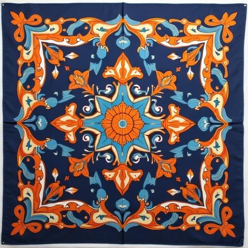 This image features a square luxury silk scarf with intricate floral patterns in vibrant orange and turquoise against a navy blue background. The design includes various ornamental details and sharp lines.