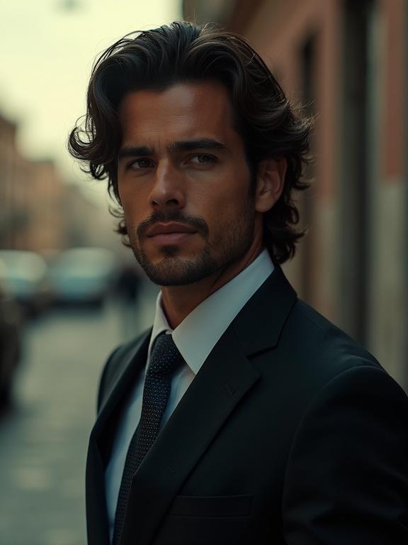 Photorealistic image of a handsome man with thick waved hair in a dark suit. Set in an urban environment resembling Latin America. The background shows a hostile atmosphere.