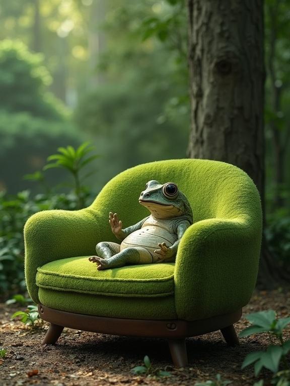 A sofa shaped like a frog sits in a forest setting. The sofa is plush and green, resembling a frog's body. The background features trees and soft natural lighting.