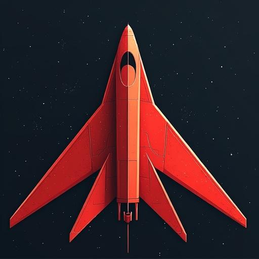 Starfighter design inspired by Atari Fuji symbol. Bold red color. Space backdrop. Top-down view. Simplistic and modern design.