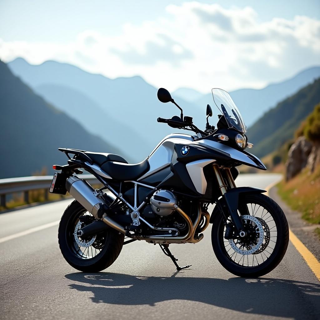 BMW R1150 GS Adventure motorcycle parked on a roadside against a mountain backdrop.