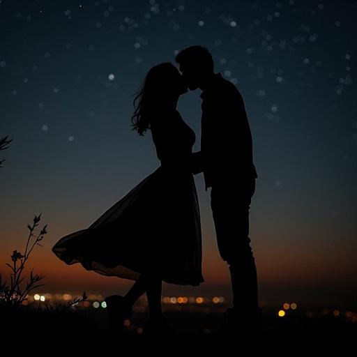 Silhouette of a couple kissing under a starry sky. Background fades to black with city lights blurred. Woman's dress flows in the wind. Man's hand on her cheek. Cursive text overlay: 'We burned tonight...'