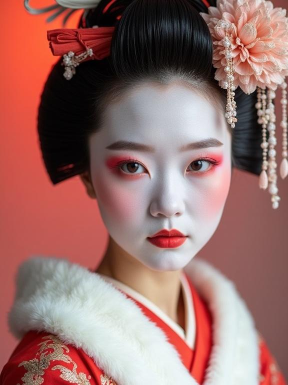 A geisha with white makeup and bright eye colors stands in a modern studio. The background is bright and colorful. The geisha wears a detailed red outfit with a fluffy collar and floral decorations in her hair.