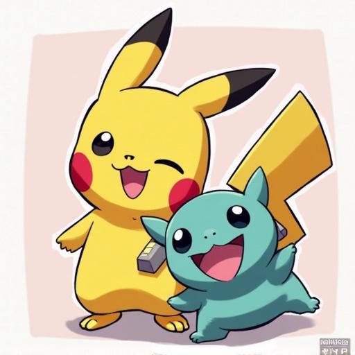 Pikachu and Squirtle characters in a cheerful pose. Bright colors create a playful atmosphere. Designed for fans and merchandising.