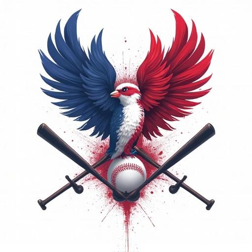 A colorful emblem representing a baseball tournament. The background is white. The design includes a bird with spread wings in red and blue, symbolizing rivalry. Two baseball bats cross behind a baseball.