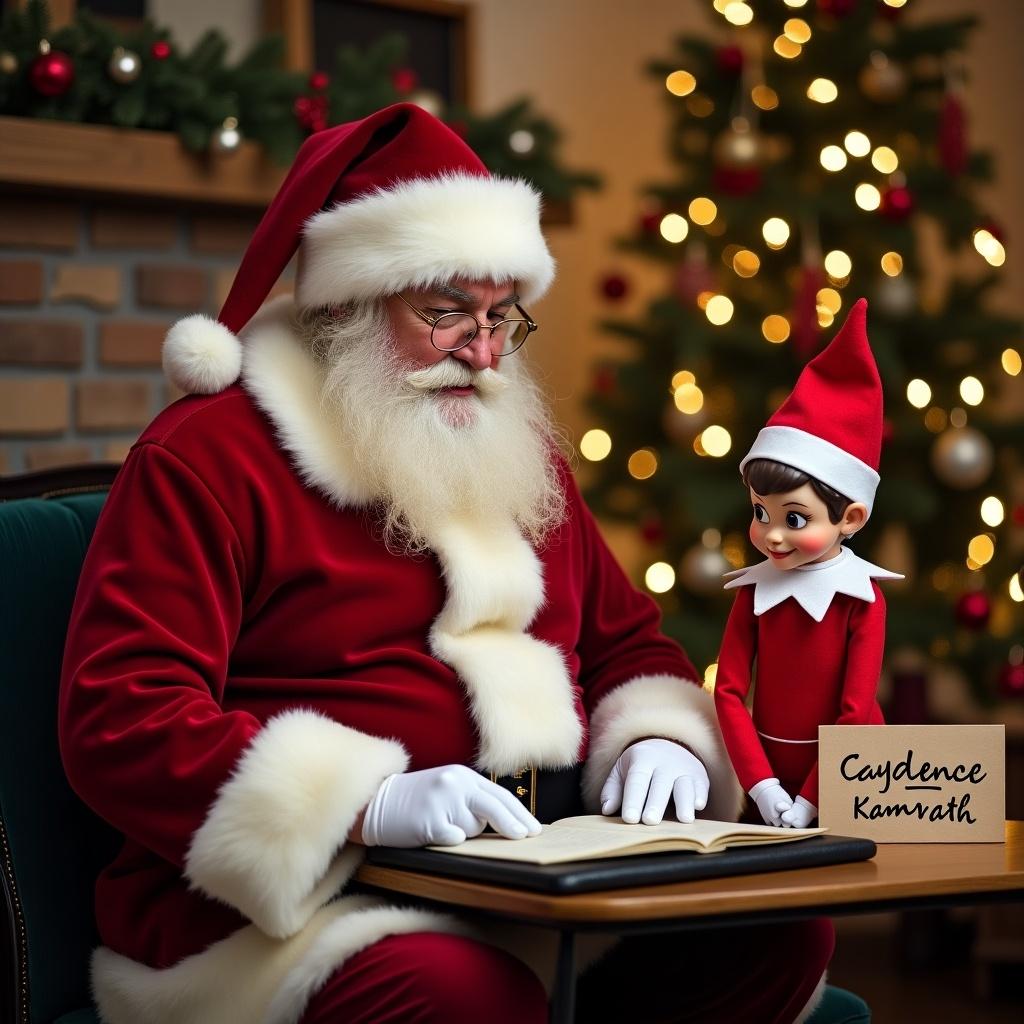 Santa Claus writing letters near a cozy fireplace with an elf on the shelf beside him. The elf holds a sign that reads 'Caydence Kamrath'.