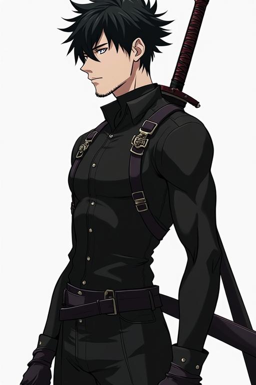 Generate anime style design for a character. Character has black spiky hair. Outfit is tight and black. A sword is carried at the back. Age is 19-20 years old. Character is muscular with a light beard.