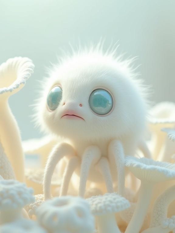 Surreal creature in an ethereal environment. Soft white colors with hints of cream and pastel blue. Creature has large round eyes and spindly fuzzy limbs. Surrounded by abstract white floral or fungal forms. Dreamy soft focus background.
