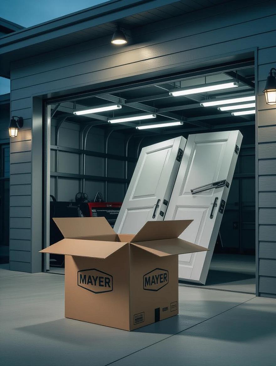 Cinematic shot showing a garage without a door. A sealed cardboard box labeled 'MAYER' trembles and opens. Garage door parts emerge and assemble quickly. The completed garage door looks modern. No text is present.