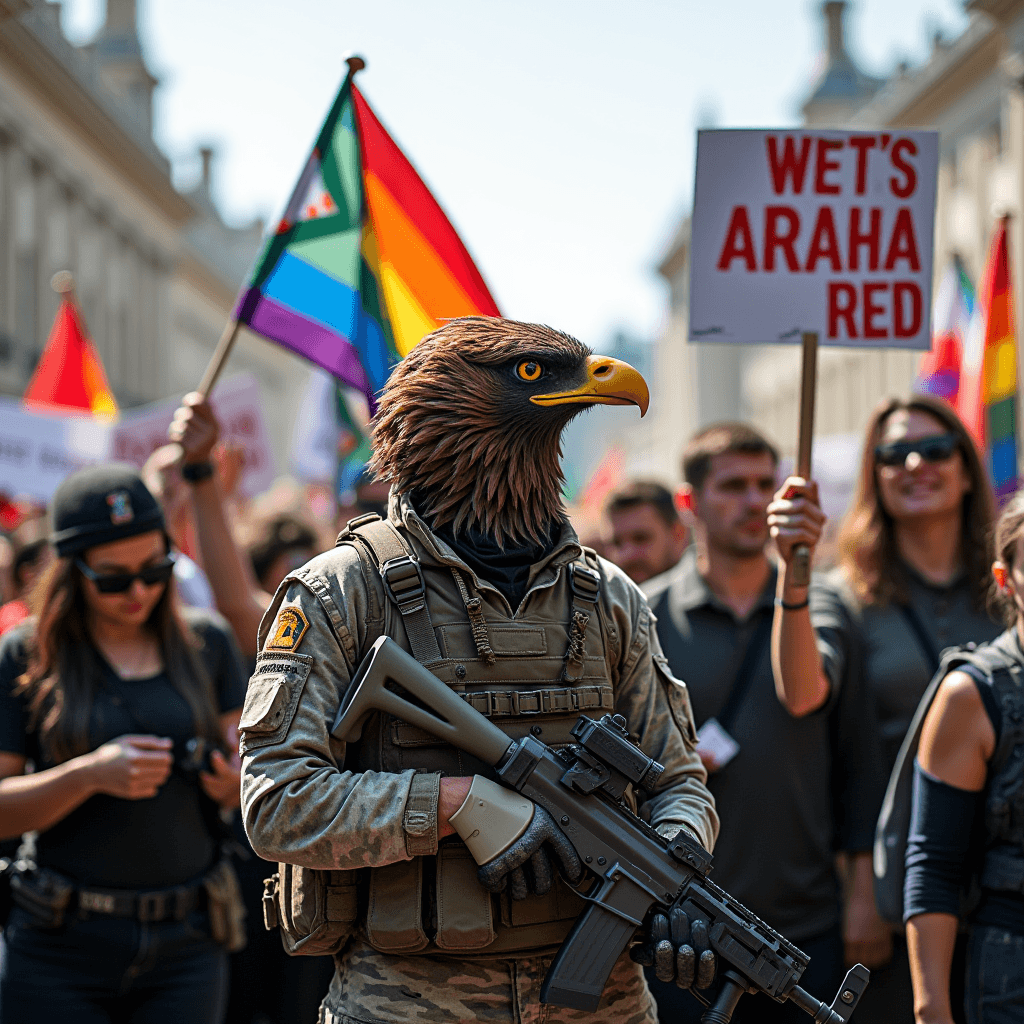 A person in a military uniform and eagle mask walks in a protest holding a gun, surrounded by people with rainbow flags and signs.