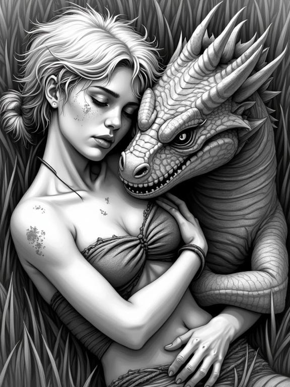 Detailed black and white illustration of a young tribal warrior resting in a meadow. She has short messy blonde hair and freckles. An evil reptile creature embraces her. Both appear tired and worn after battle. The scene captures calmness despite the tension. The warrior's arms rest behind her head.