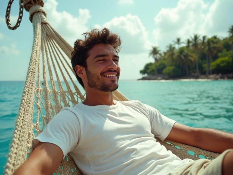 Young man enjoying a vacation in Jamaica. Wearing a white t-shirt. Resting on a hammock. Surrounded by calm turquoise waters. Lush palm trees in the background. Bright sunny day with fluffy white clouds. 35mm camera vintage film style.