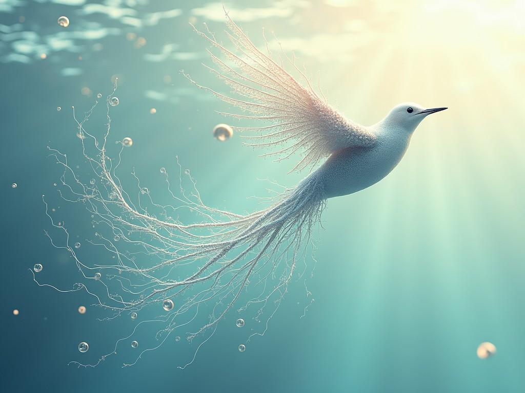 This enchanting image depicts a fantastical, white bird-like creature gracefully gliding underwater. Its flowing tail feathers resemble delicate aquatic tendrils, creating a mesmerizing motion in the water. The play of sunlight filtering from above casts a tranquil, magical glow, enhancing the serene and otherworldly ambiance of the scene.