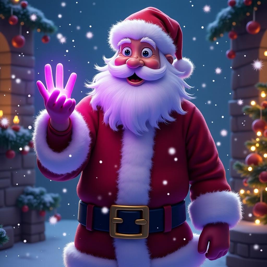 The image features a joyful Santa Claus standing amidst a snowy backdrop. He is wearing his classic red suit with white fur trim. Santa has a purple glow emanating from his outstretched hand, adding a magical touch to the scene. Snowflakes gently fall around him, creating a festive atmosphere. The background includes holiday decorations and softly lit trees, enhancing the overall warmth and cheer of the image.