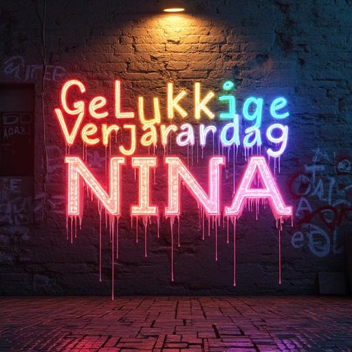 3D rendering of the words 'Gelukkige Verjaardag Nina' in sparkling rainbow colors on a weathered city wall. Letters drip and splash with vibrant hues. Shadowy tendrils intertwine. Warm lighting casts glows and shadows. Background is crumbling brick with graffiti and faint lights.