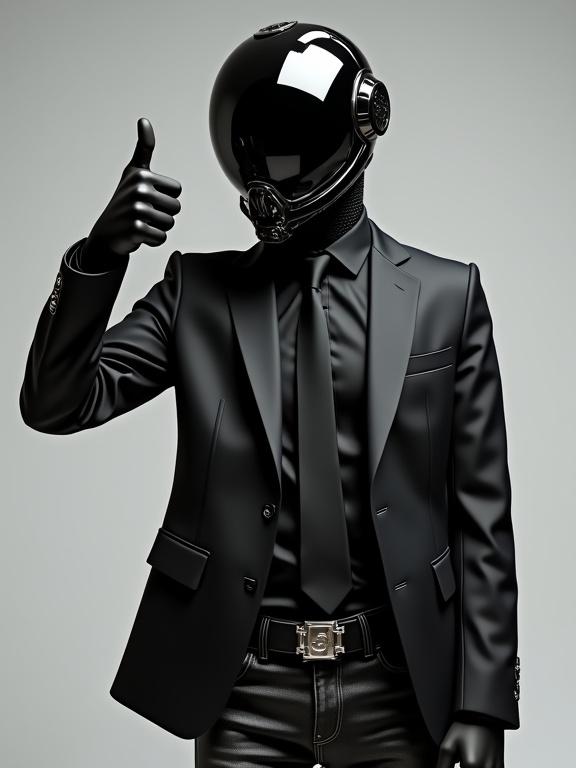 Futuristic stylish outfit with glossy black helmet. Full face helmet obscures the face. Sharp black suit jacket with black shirt and tie. Dark jeans with silver belt buckle. Right arm up with thumb extended in a thumbs-up gesture. Solid light grey background.