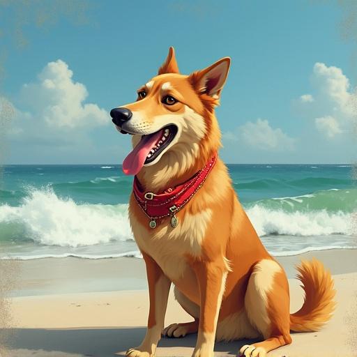 Dog on beach in Ghibli style