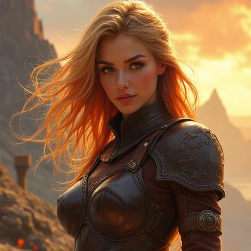 A powerful confident young woman stands waist-up in a dramatic fantasy landscape. She has striking hazel eyes and flowing strawberry blonde hair. Her form-fitting leather armor has subtle feminine detailing. The artwork displays dynamic curves with warm earth tones. The lighting is cinematic with dramatic contrast. She looks directly at the viewer with a stoic expression. Wind blows softly through her hair, with mountains and distant ruins in the background.