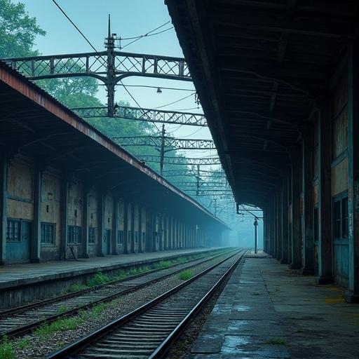 A deserted train station captured in an anime style. The scene shows empty platforms and foggy surroundings with visible train tracks leading out into the distance.