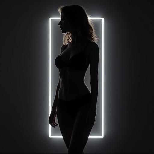Silhouette of a woman outlined by LED strip light. Edge glow across limbs. Stylized frame against a dark background.