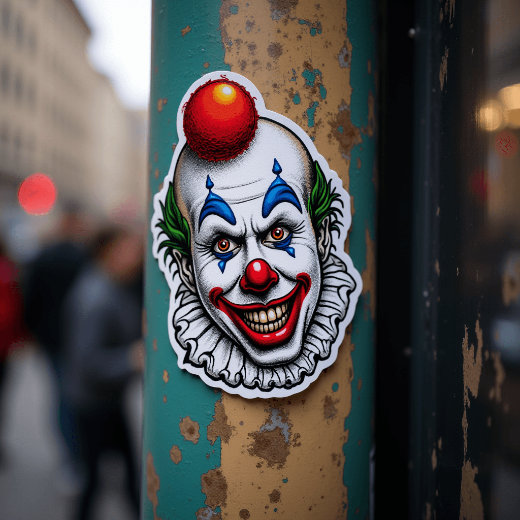 A vividly colored clown sticker with exaggerated features is affixed to a weathered pole in a city environment.