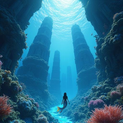 A breathtaking view from the ocean floor of a glowing underwater city. Skyscrapers made from coral and crystal rise towards the illuminated surface. Mermaids with iridescent tails glide among these structures. The scene has a vibrant fantasy aesthetic.