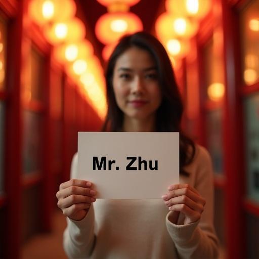 Woman holding a card with Mr. Zhu in a warmly lit hallway. Colorful paper lanterns hang above.