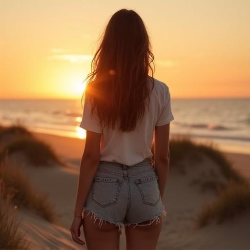 Not too thin woman stands at the beach facing the sunset. Brown hair down to axels tied back. Wearing a t-shirt and shorts. Beach with dunes at Ostsee. Soft sepia tones in the sky.