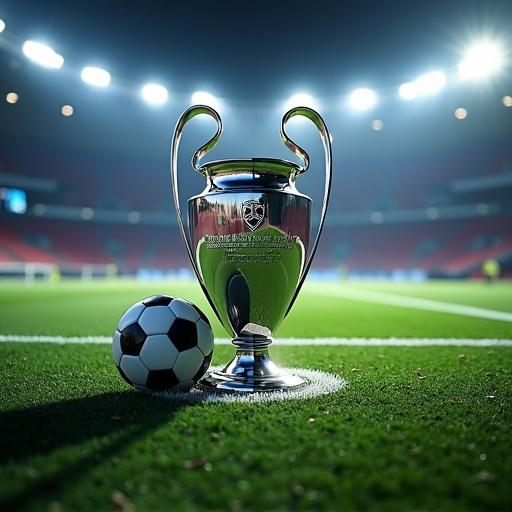 Create a Champion League style football stadium with a trophy on the field.