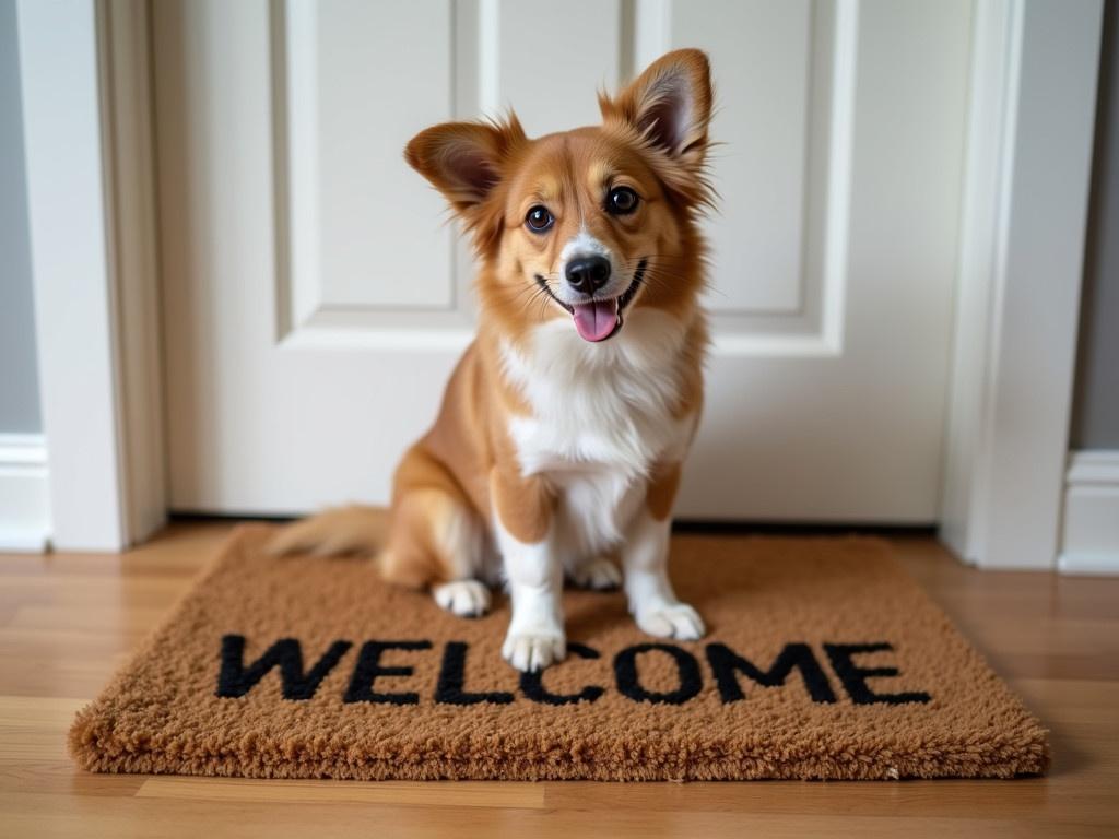 A cute dog is sitting on a welcome mat inside a house. The mat is brown with the word 'WELCOME' written on it. The dog's ears are perked up, and it looks happy to greet someone. The background shows a white door and wooden flooring, giving a cozy atmosphere. The dog has brown and white fur, with expressive eyes that seem ready for play.