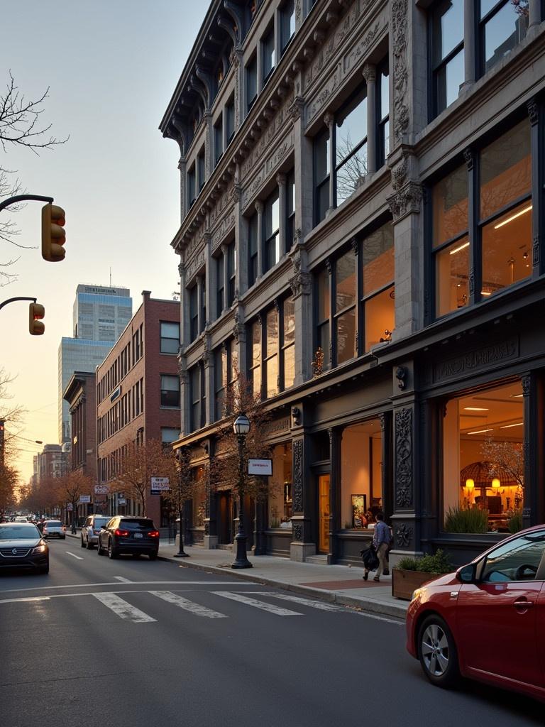 Street view of a corporate Memphis style building in a commerce area. The scene captures pedestrians and vehicles on the street. Warm sunset light reflects off the building windows. An urban environment with modern retail spaces and intricate architecture details.