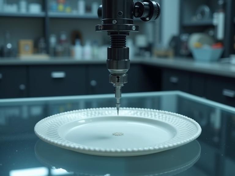 Cinematic high-tech laboratory setting features a ceramic plate. The plate has subtle geometric patterns resting on clear glass. A mechanical hammer is held above the plate's rim. The hammer is connected to a robotic arm and poised to strike. The environment is dim with a bluish tone, background blurred with lab tools and metallic surfaces. Focus on hammer tip and plate rim interaction. The scene appears sterile and realistic.